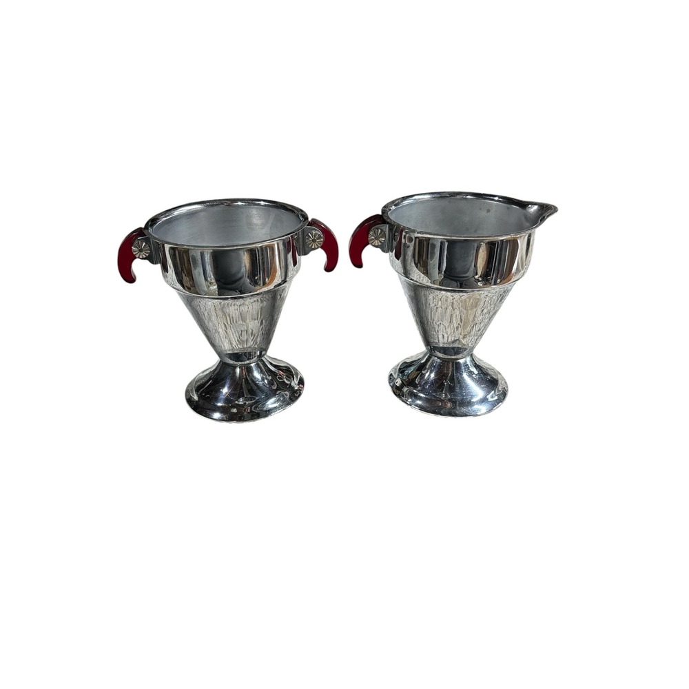 Vintage Art Deco Chrome Cream and Sugar Set Red Bakelite Handles Mid Century